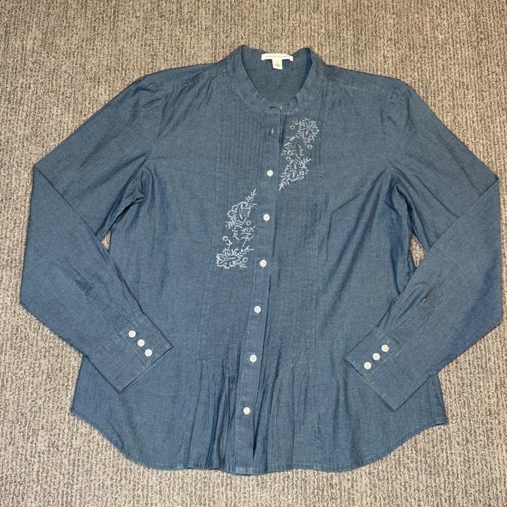 Banana Republic Womens L Peplum Embroidered Chambray Shirt Western Coquette
